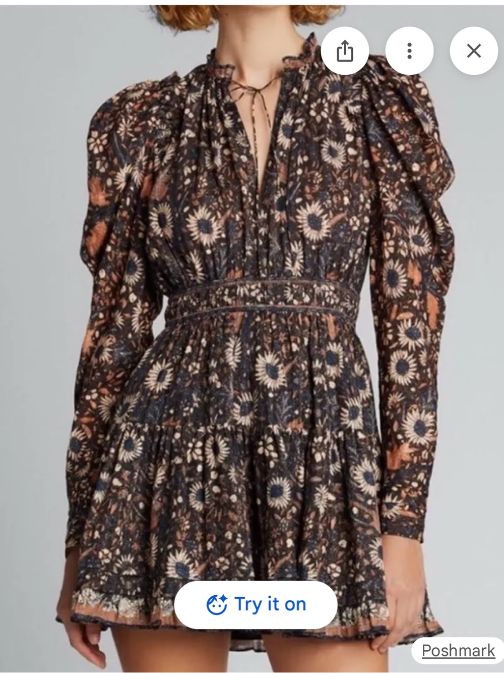 Ulla Johnson Willow Dress Obsidian Floral Puff Sleeve Boho Tiered Ruffle Mini 4